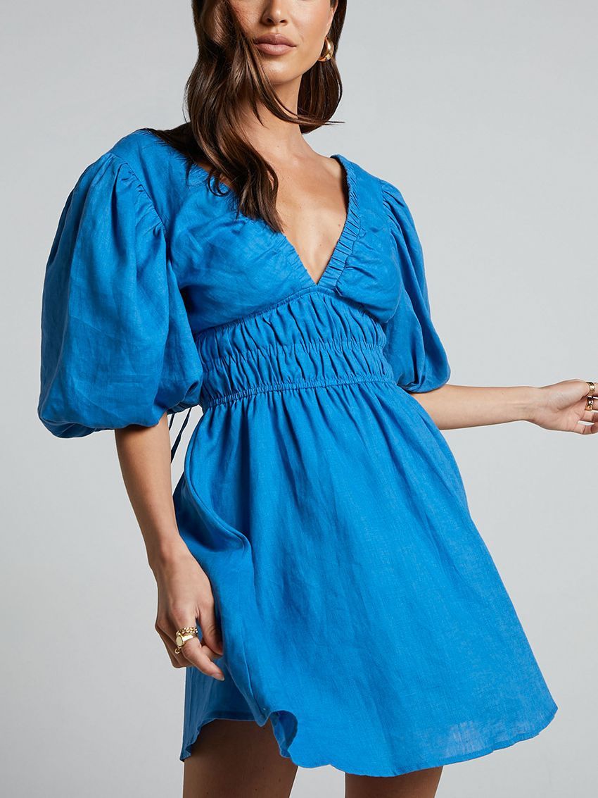 VICKY | Katoenen Zomerjurk Dames – Korte Jurk met Puffmouwen en V-Hals