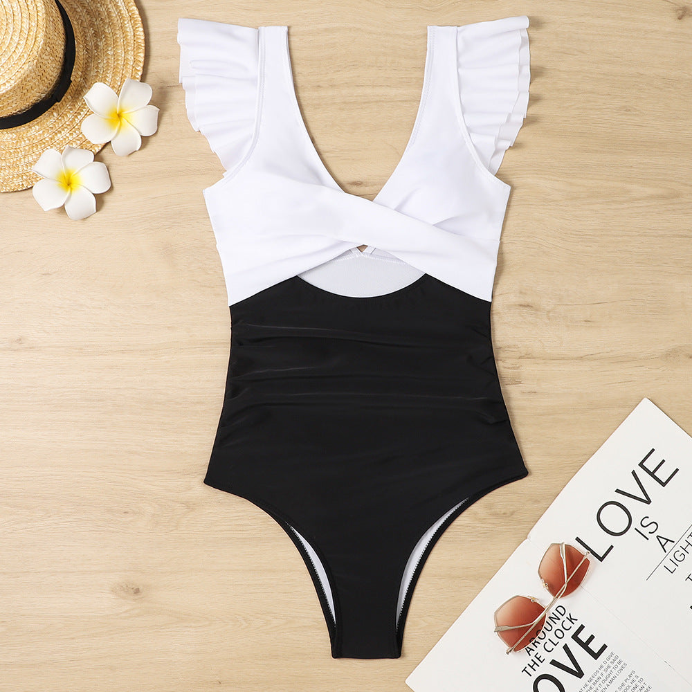 RIVKA | Chique Ruches Badpak met cut-out – Elegante Pasvorm met Vleugelmouw