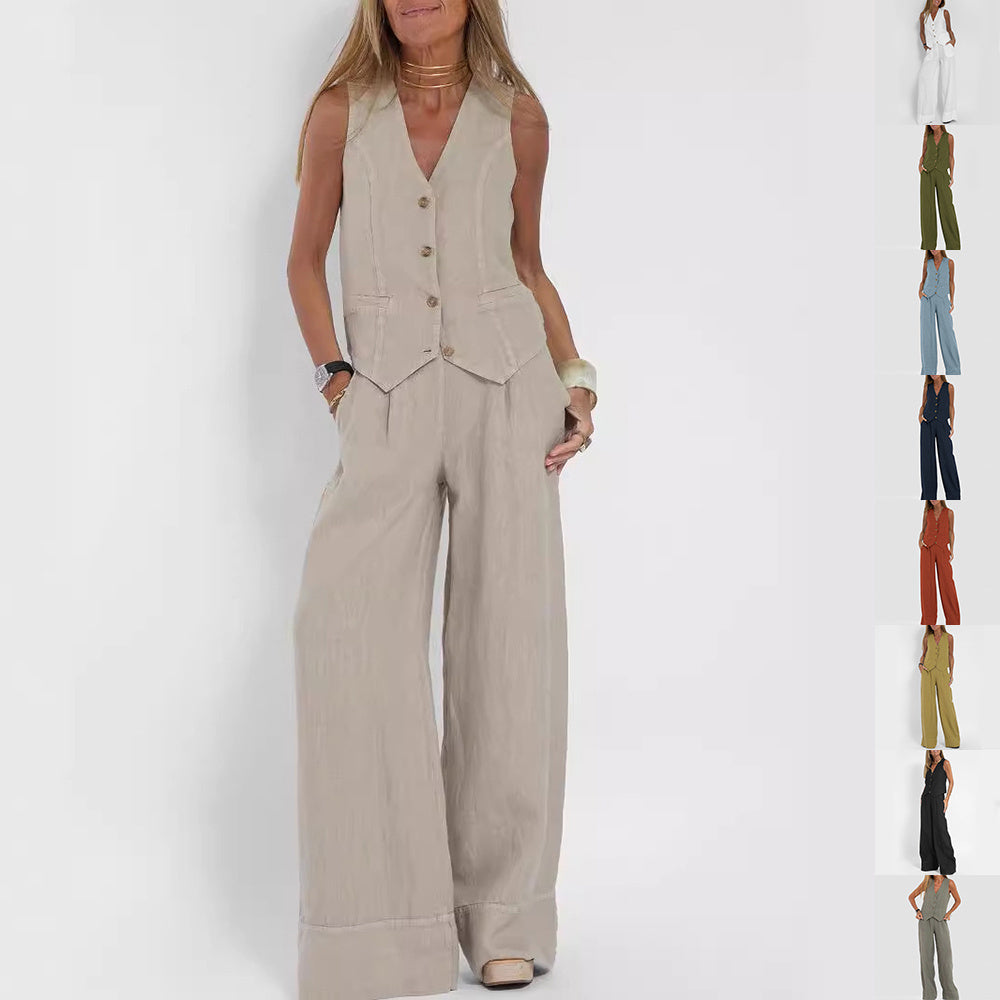 BENTHE | Twee-Delige Linnen Look Set – Gilet met Wijde Broek voor Dames