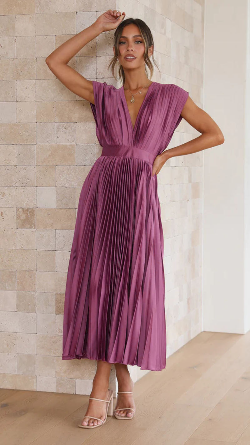 ELLEN | Plissé Midi Jurk met Diepe V-Hals – Elegante Avondjurk