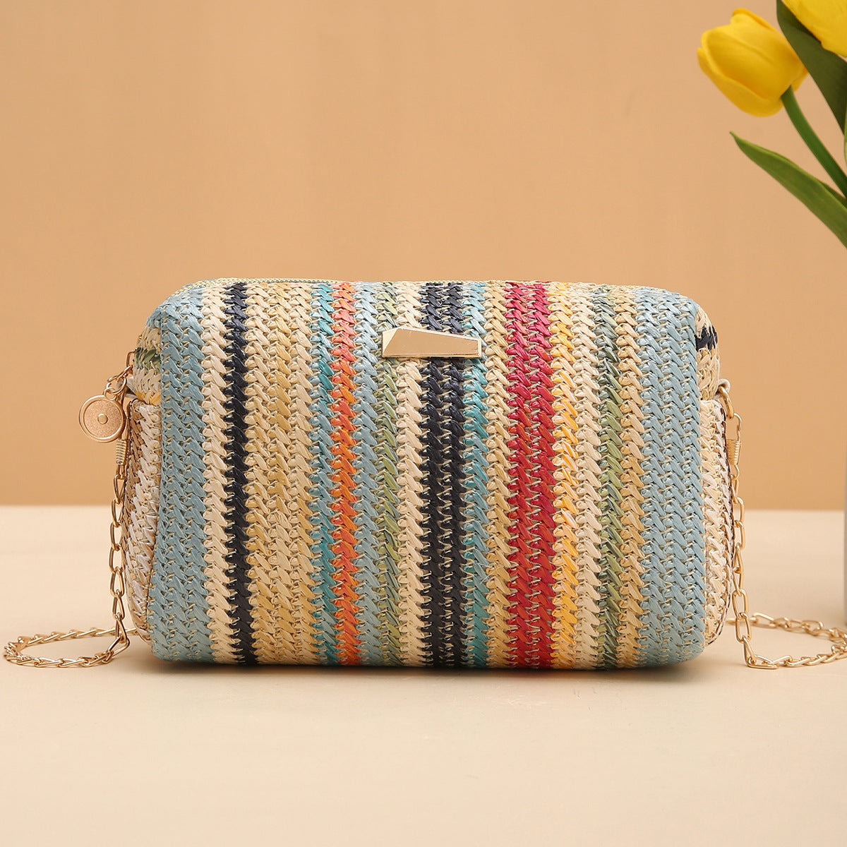 MAILEY | Rainbow Woven Clutch – Vrolijke Gevlochten Schoudertas