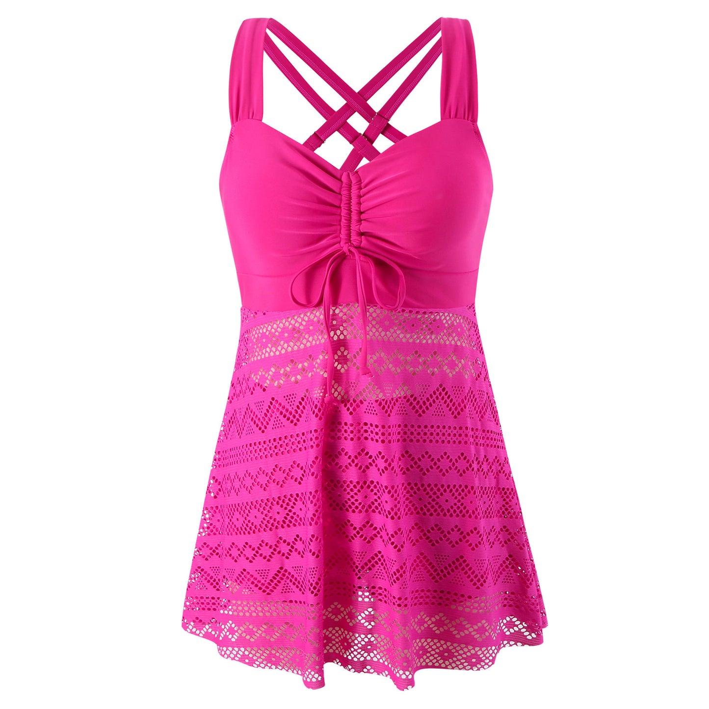 EVA | Elegante Tankini Jurk met Kant – Flatterend Badpak met Rokje en Gekruiste Rugbandjes