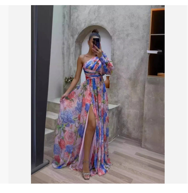 SABINE | One Shoulder Maxi Jurk – Elegante Bloemenjurk met Hoge Split