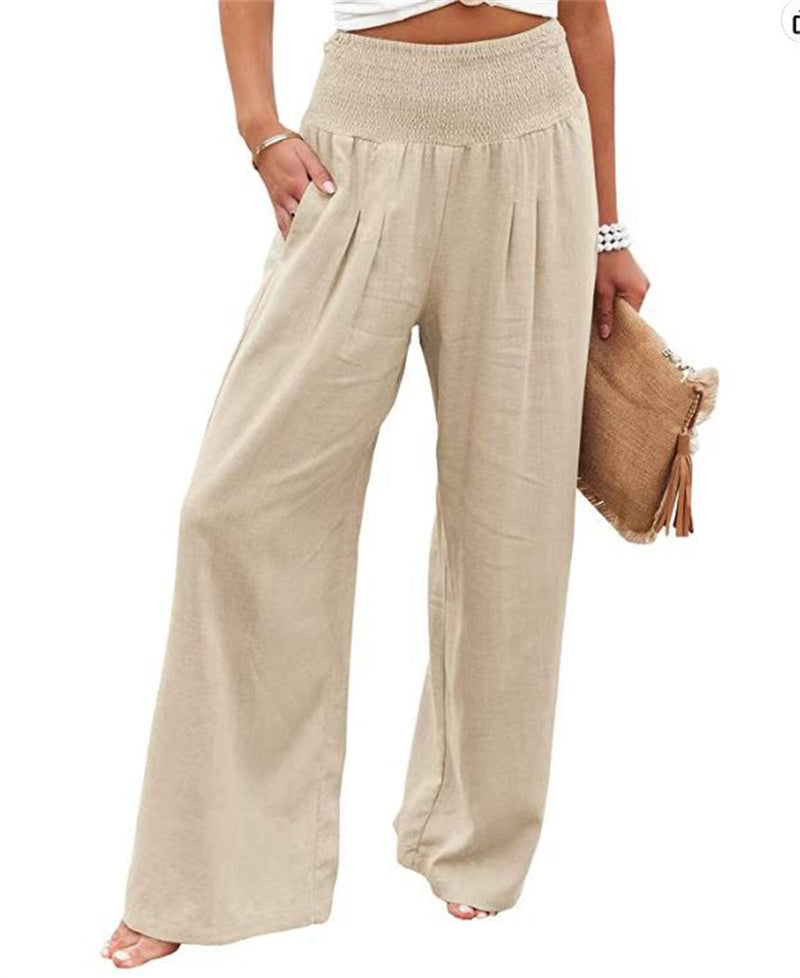 LEONORE | Linnen Look Wide Leg Broek Dames – Hoge Taille Zomerbroek met Elastische Band