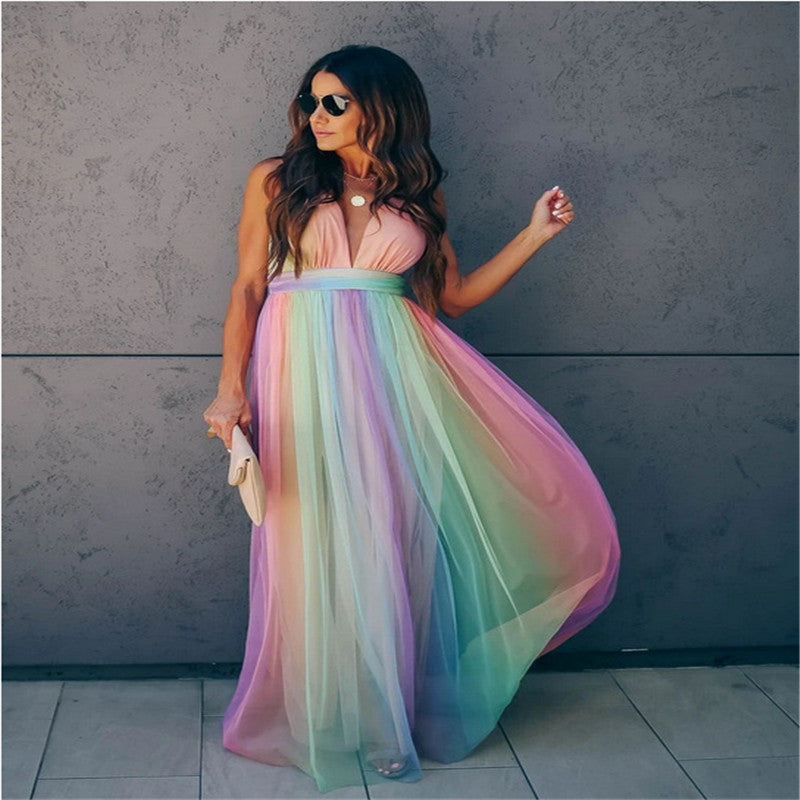 BESS | Regenboog Tule Avondjurk – Speelse Elegantie in Maxi-Lengte