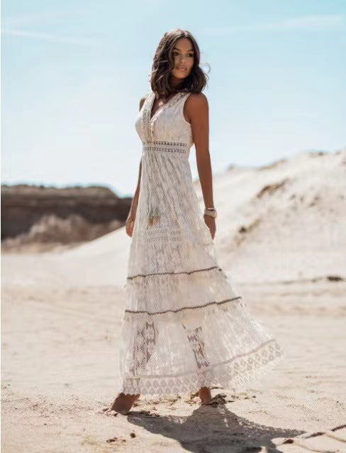 LOLA | Bohemian Witte Maxi Jurk met Kant – Luchtige Zomerjurk met Ibiza Vibe