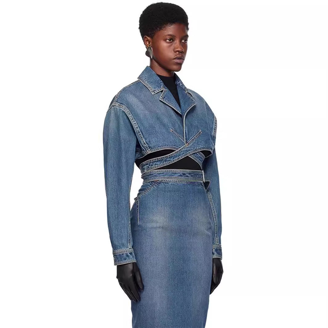MIRRE | Trendy Denim Cropped Jacket met Riemdetail