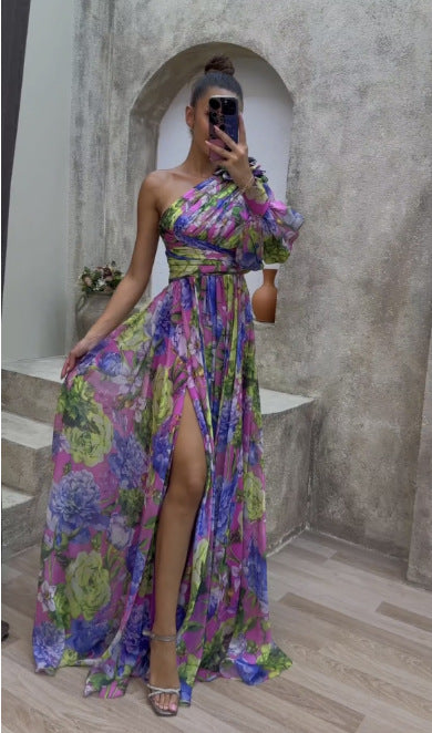 SABINE | One Shoulder Maxi Jurk – Elegante Bloemenjurk met Hoge Split