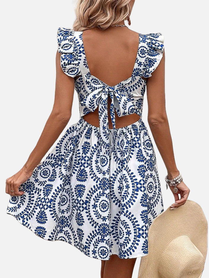 ELODIE | Wit-Blauwe Zomerjurk met Folkloreprint – A-lijn Jurk met Ruches Mouw