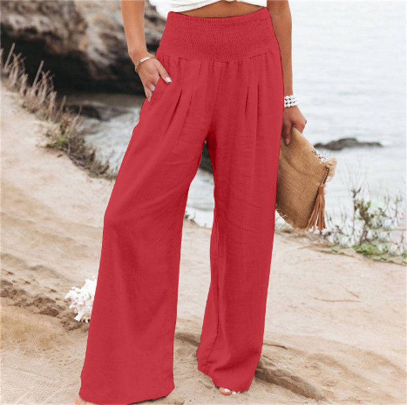 LEONORE | Linnen Look Wide Leg Broek Dames – Hoge Taille Zomerbroek met Elastische Band