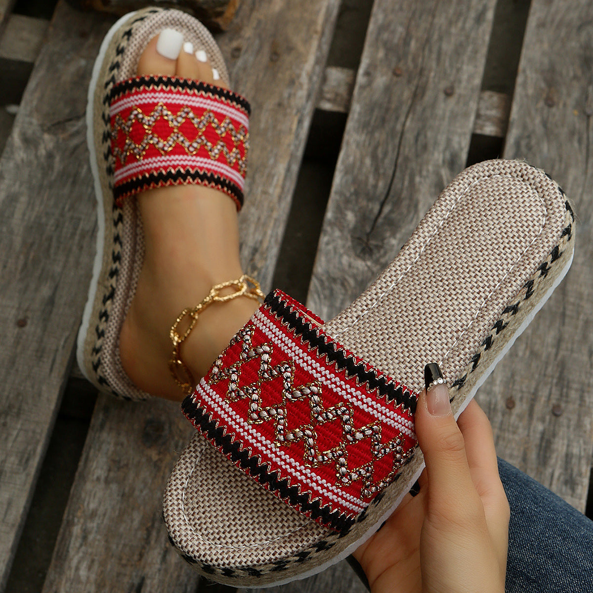 MONTANA | Boho Plateau Slippers Dames met Gevlochten Zool – Zomerse Instappers