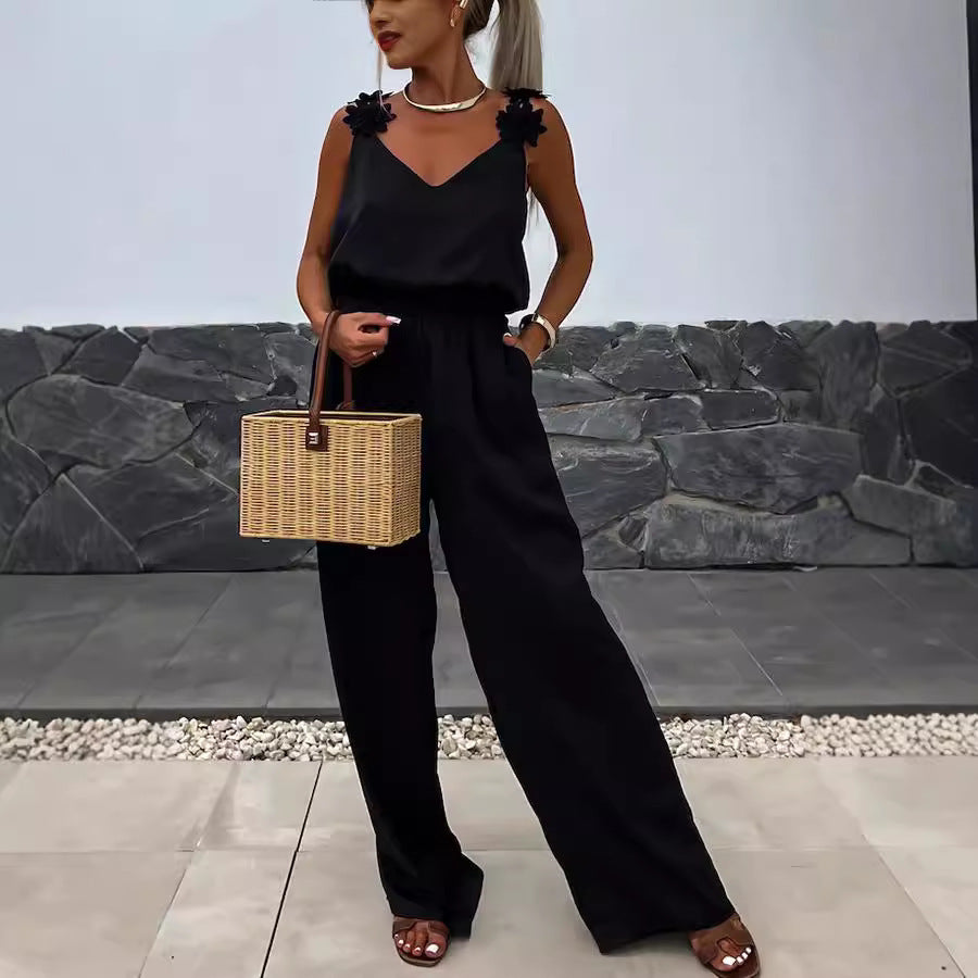 HIND | Dames Jumpsuit met Bloemdetail – Mouwloos & Wijde Pijpen