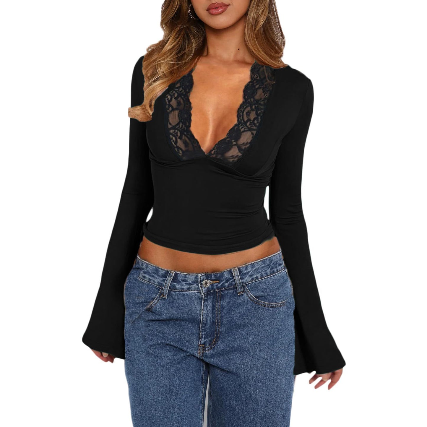 LIVIA | Top met Kant – Sexy V-Hals Longsleeve met Flared Mouwen