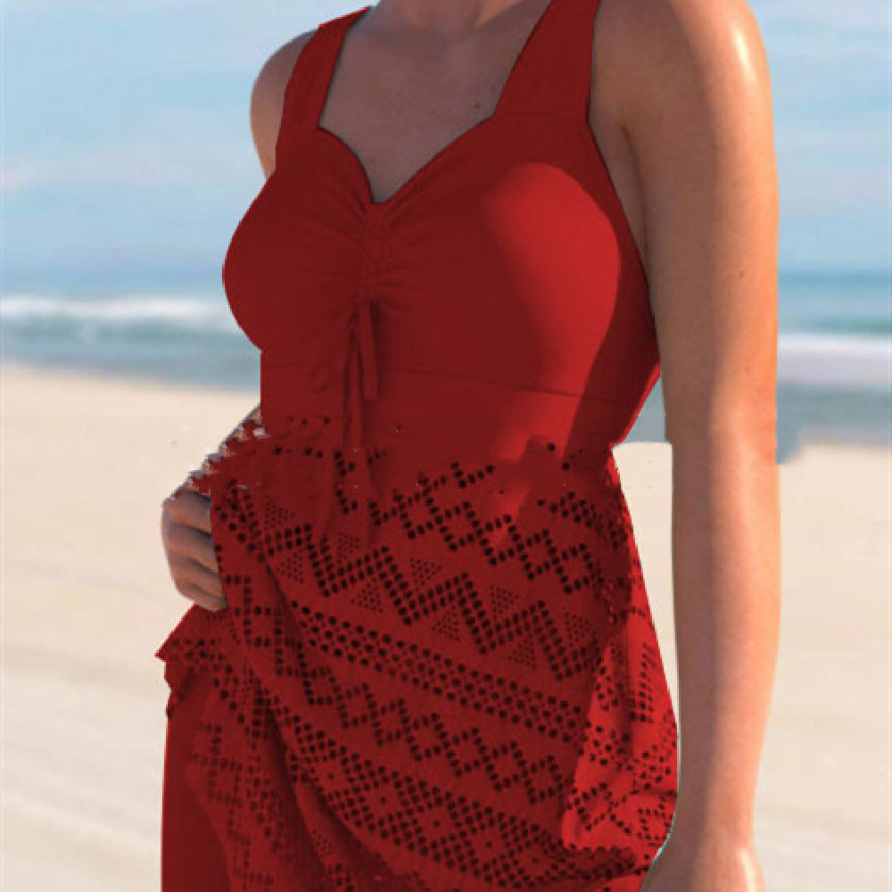 EVA | Elegante Tankini Jurk met Kant – Flatterend Badpak met Rokje en Gekruiste Rugbandjes