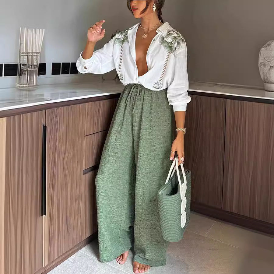 VESA | Palm Chic Set – Tropisch Blouse & Wijde Broek