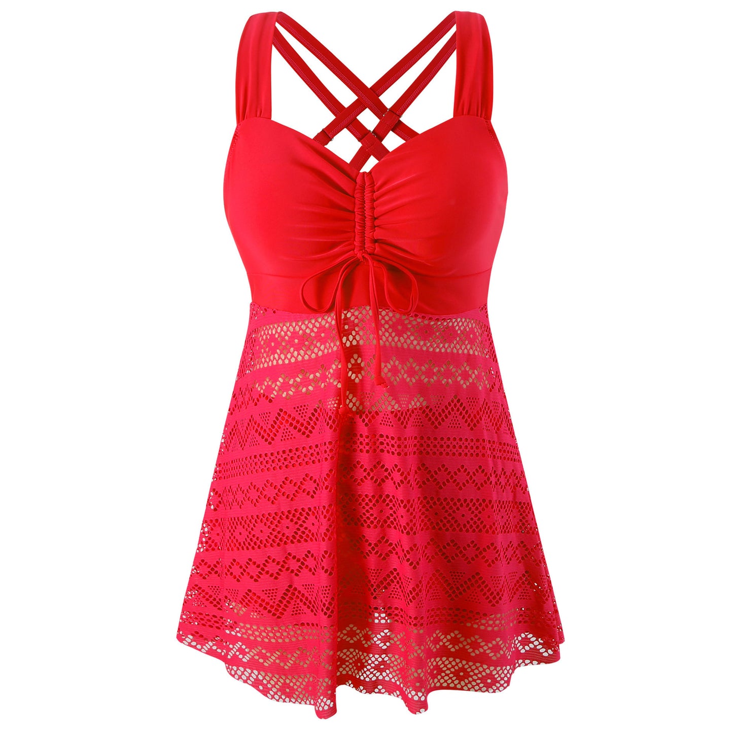 EVA | Elegante Tankini Jurk met Kant – Flatterend Badpak met Rokje en Gekruiste Rugbandjes