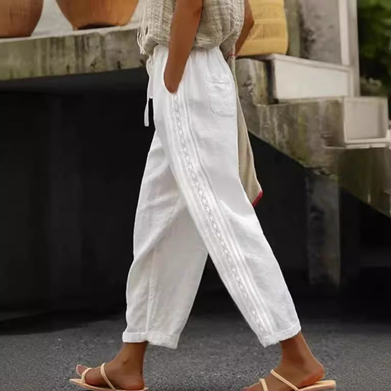 ÉLODIE | Linnen Broek Dames met Blauw Bloemenborduursel – Boho Witte Zomerbroek