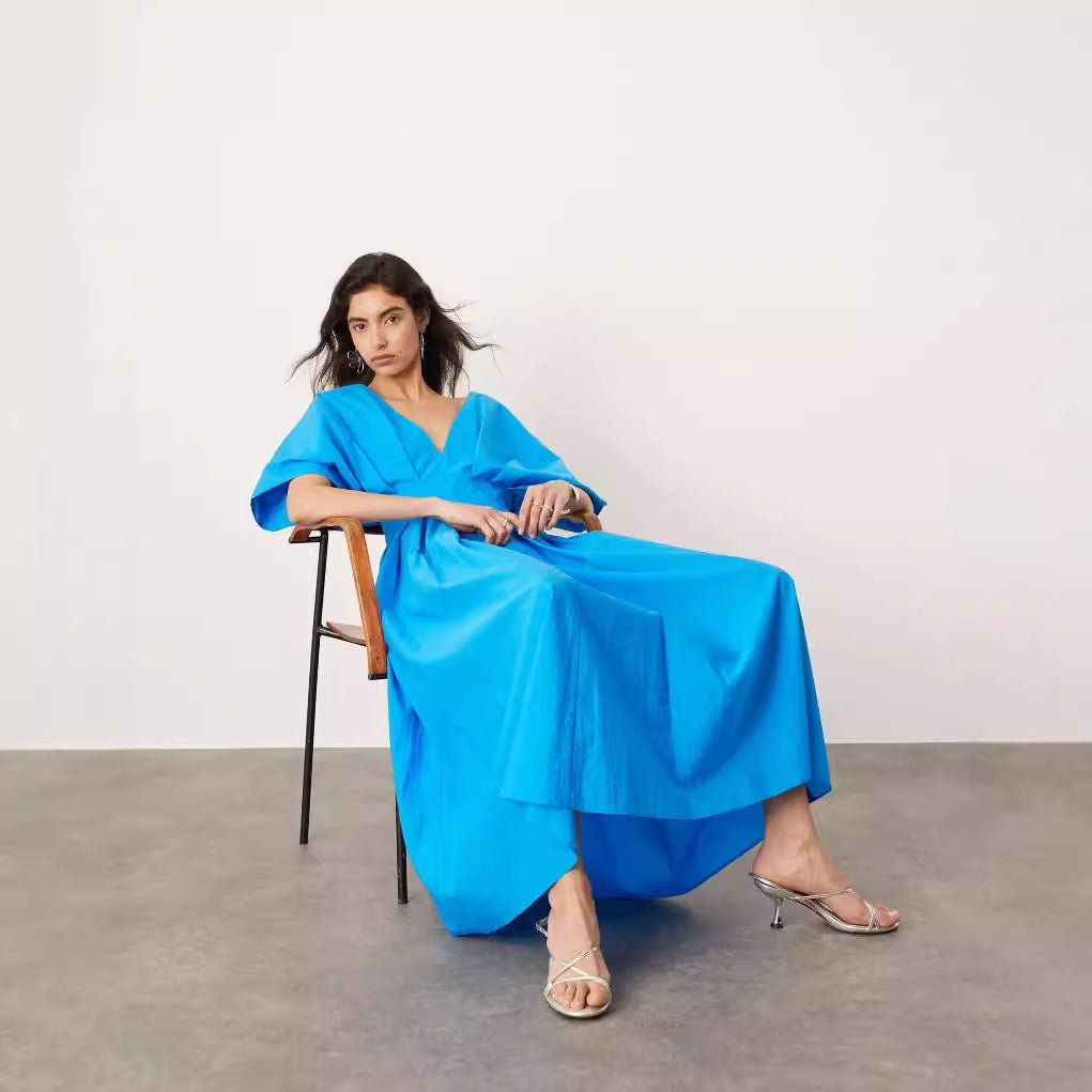 VIEN | Hemelsblauwe Maxi Jurk Dames – Elegante Zomerjurk Met V-Hals en Vlindermouwen