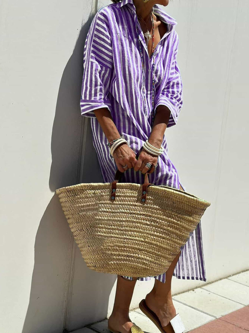LINNE | Gestreepte Oversized Shirtjurk – Zomerse Damesjurk met Knoopsluiting en Split