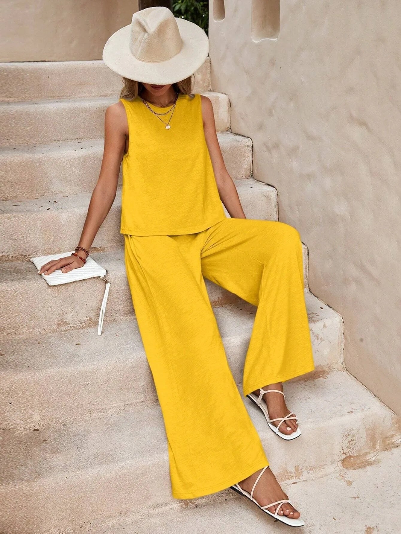 SOLÈNE | Tweedelige Zomer Set Dames – Luchtige Wijde Broek & Mouwloze Top
