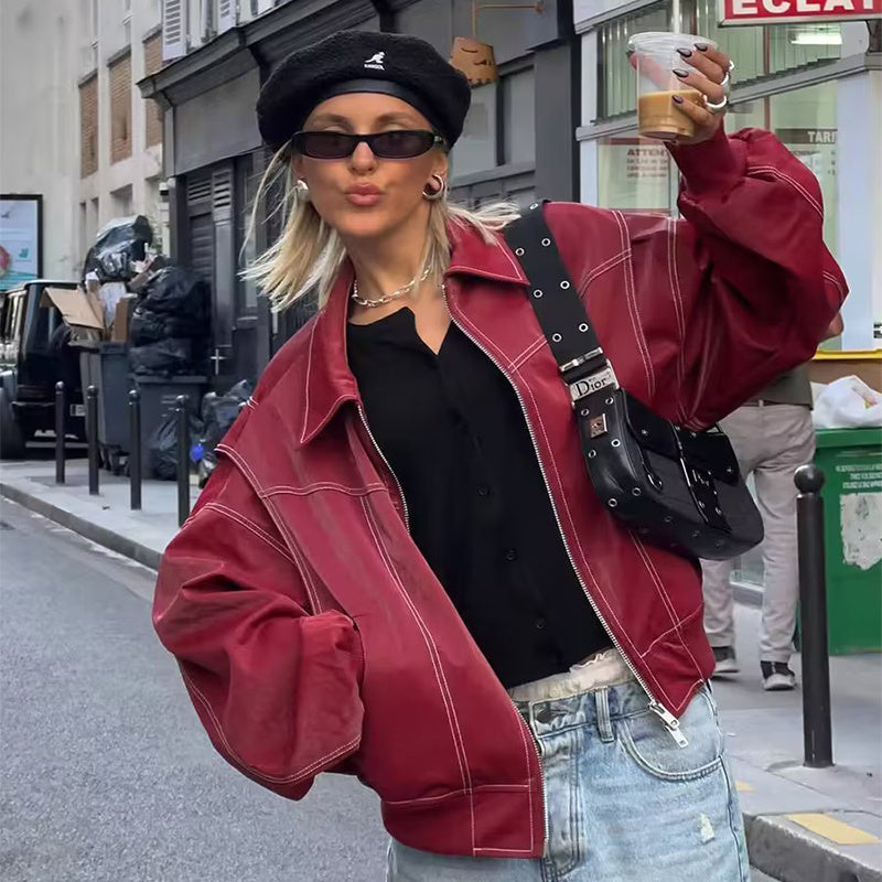 VIVIEN | Wijnrode Oversized leren Jas Dames – Trendy Streetstyle met Vintage Look