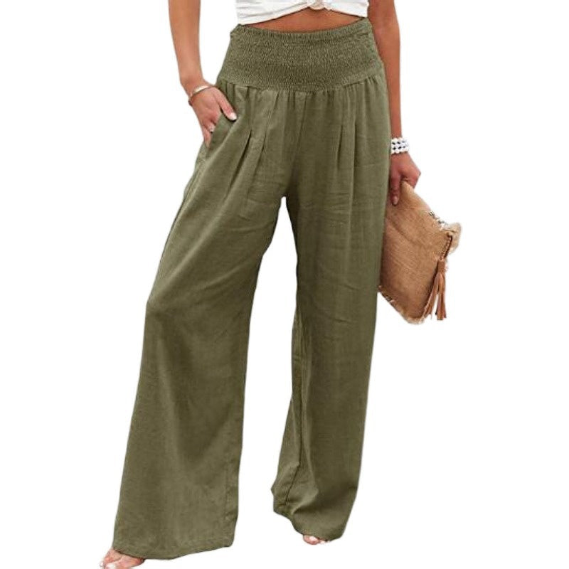 LEONORE | Linnen Look Wide Leg Broek Dames – Hoge Taille Zomerbroek met Elastische Band