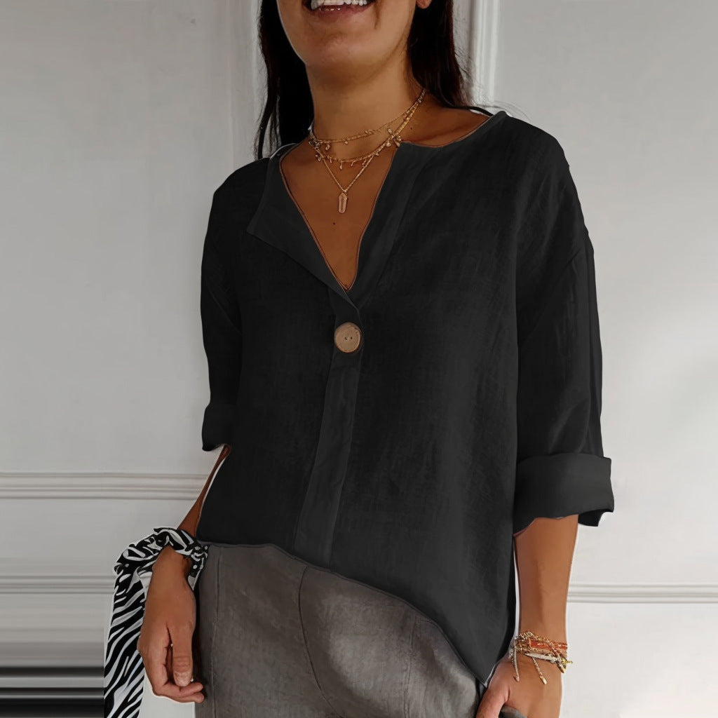 SILVIA | Linnen Blouse Dames met V-hals en Houten Knoop – Luchtige Zomer Top