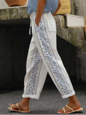 ÉLODIE | Linnen Broek Dames met Blauw Bloemenborduursel – Boho Witte Zomerbroek