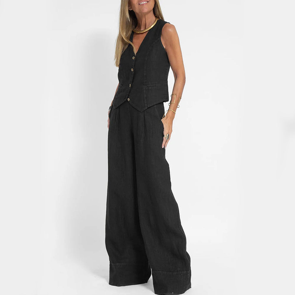 BENTHE | Twee-Delige Linnen Look Set – Gilet met Wijde Broek voor Dames