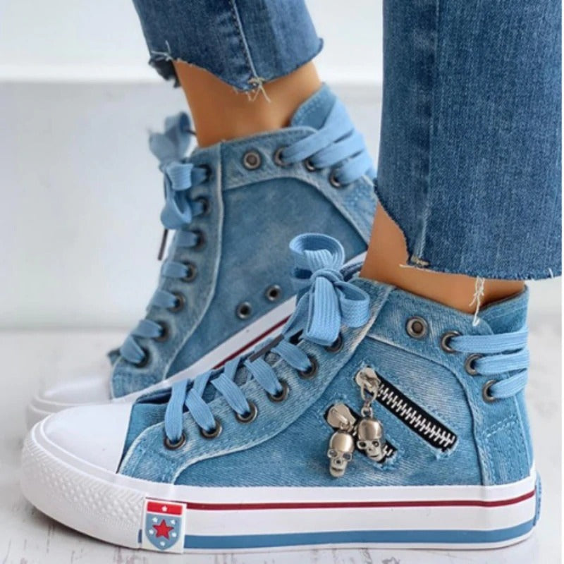 FREDERIQUE | High Top Denim Sneakers Dames met Skull Rits – Stoere Canvas Streetwear Schoenen
