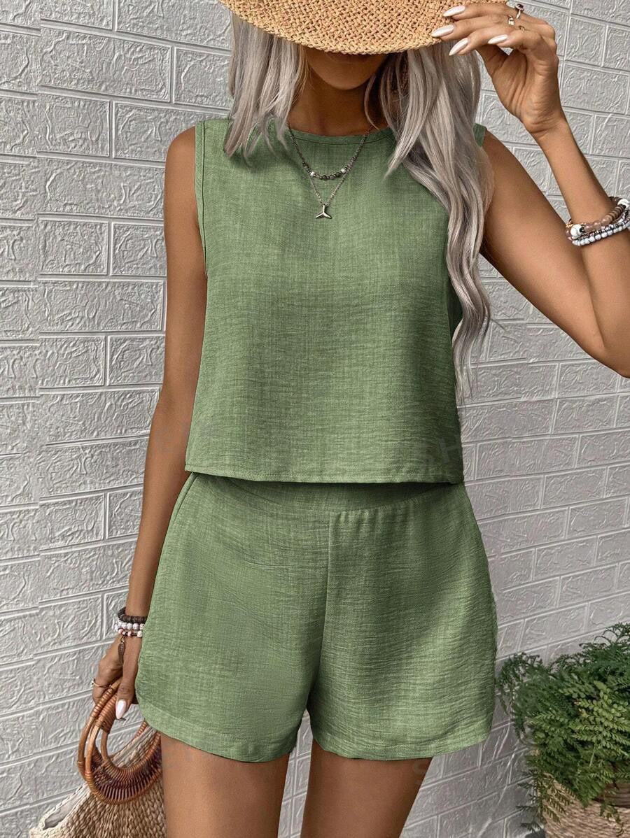 CATARINA | Zomerset Dames – Mouwloze Top met Korte Broek in Luchtige Linnen Look