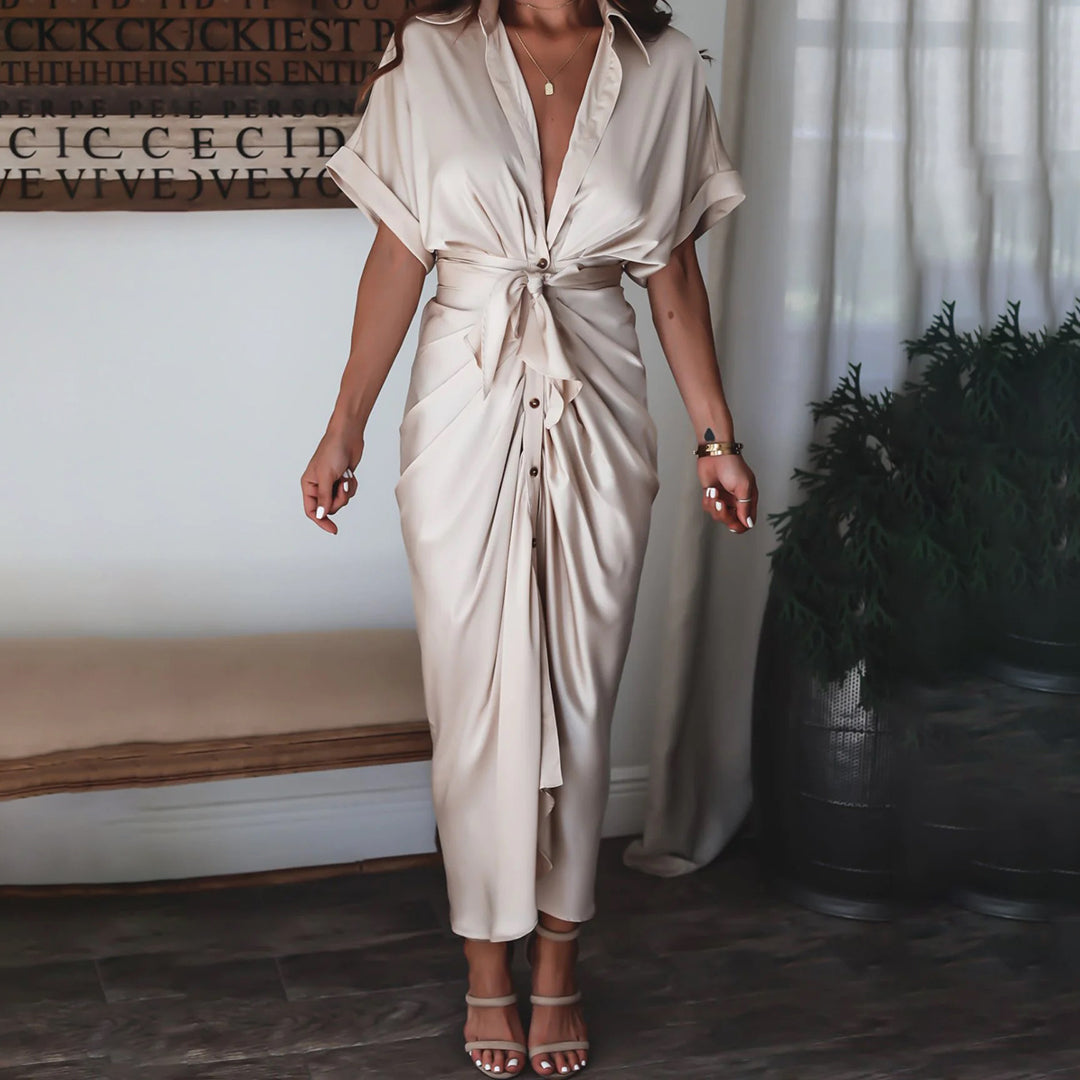 KIKI | Elegante Knoopjurk met V-Hals – Flatterende Drape & Zomers Comfort