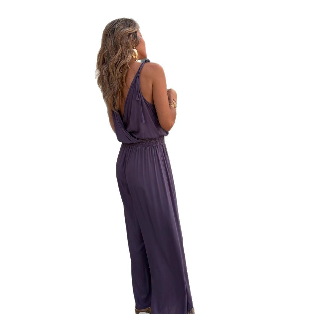 ZARAH | Bohemian Jumpsuit Dames met Goudgeborduurde Details en Split – Paarse Zomeroutfit