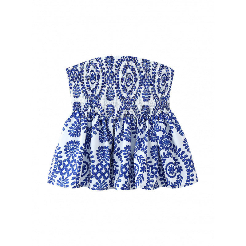 LONE | Strapless Dames Top met Blauwe Boho-Print – Luchtige Zomerse Eyecatcher