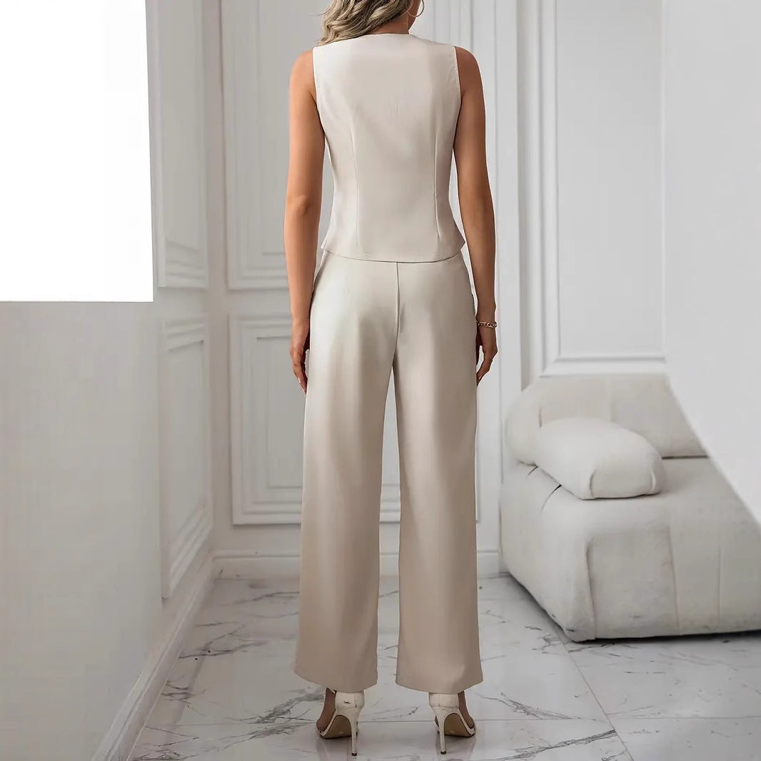 LIVA | Beige Mouwloze Blazer Jumpsuit – Elegante Tweedelige Set voor Dames