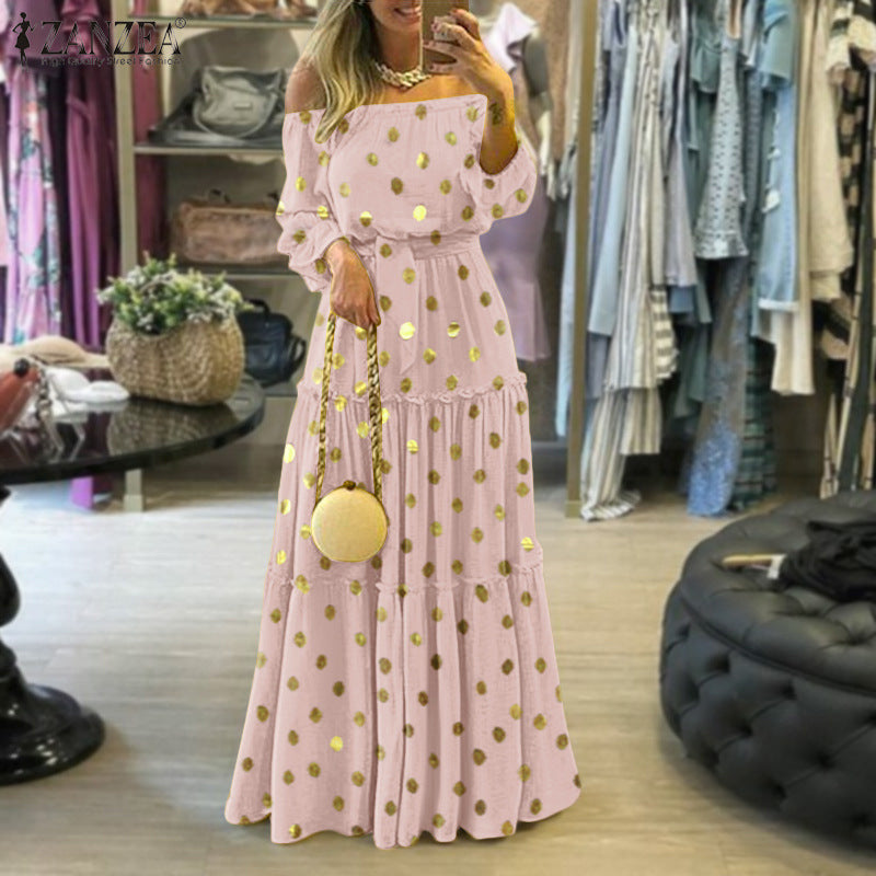 JORIEN | Off-Shoulder Maxi Jurk met Gouden Stippen – Elegant en Comfortabel