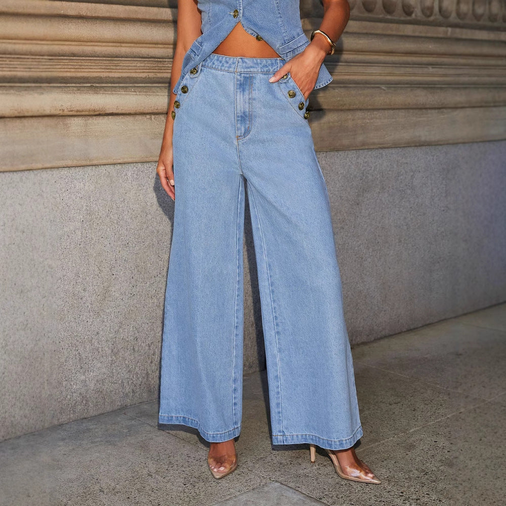 AUDE | Denim Two-Piece Set – Getailleerd Mouwloos Gilet & Wide-Leg Jeans