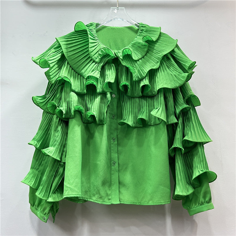 CAAT | Ruches Blouse met Plissé Mouwen – Statement Stijl in Felle Kleuren
