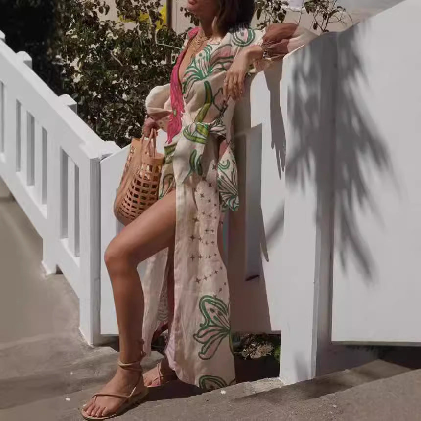 PALOMA | Maxi Zomerjurk met Botanische Print en Split – Boho Strandjurk Dames