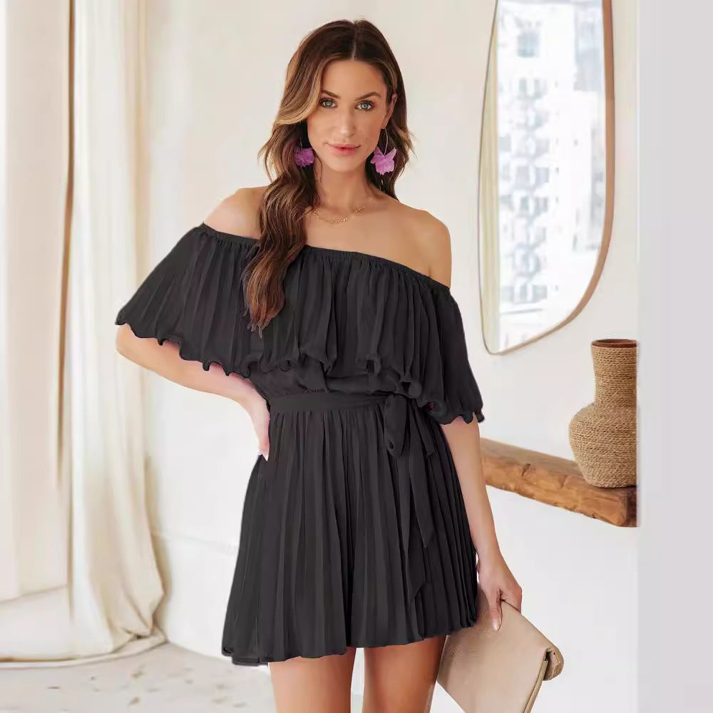 EDEN | Off-Shoulder Plissé Jumpsuit – Elegante Zomerse Jumpsuit met Ceintuur