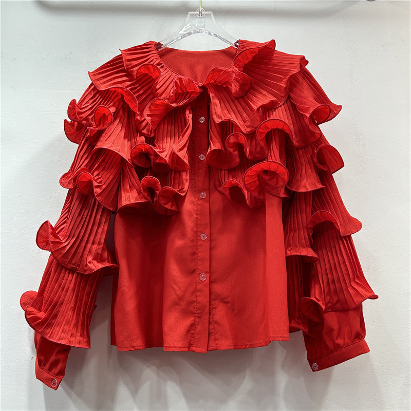 CAAT | Ruches Blouse met Plissé Mouwen – Statement Stijl in Felle Kleuren