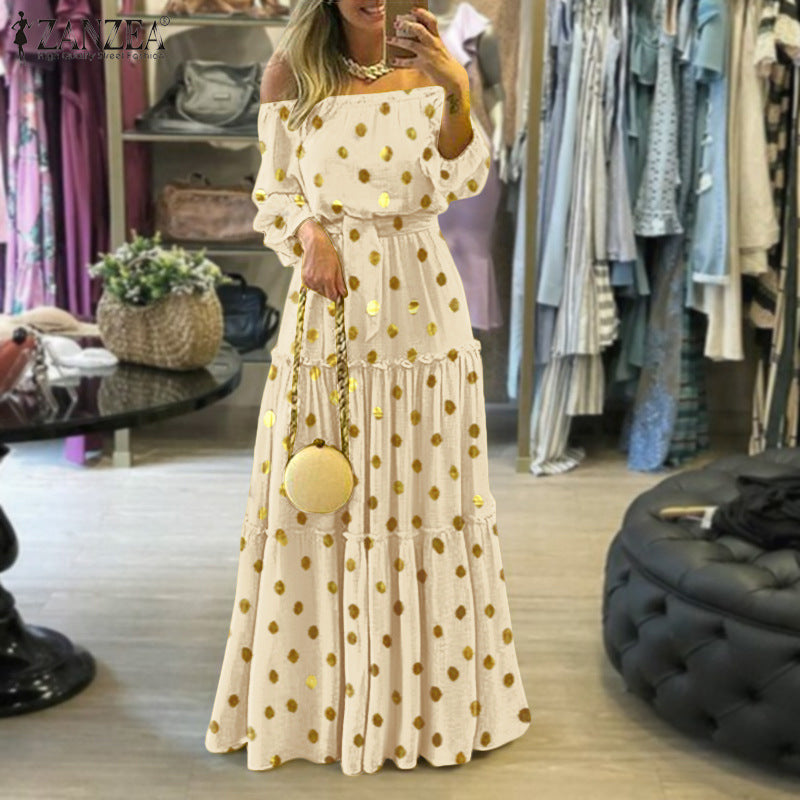 JORIEN | Off-Shoulder Maxi Jurk met Gouden Stippen – Elegant en Comfortabel