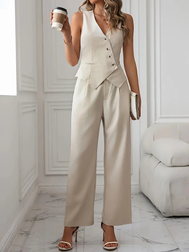 LIVA | Beige Mouwloze Blazer Jumpsuit – Elegante Tweedelige Set voor Dames