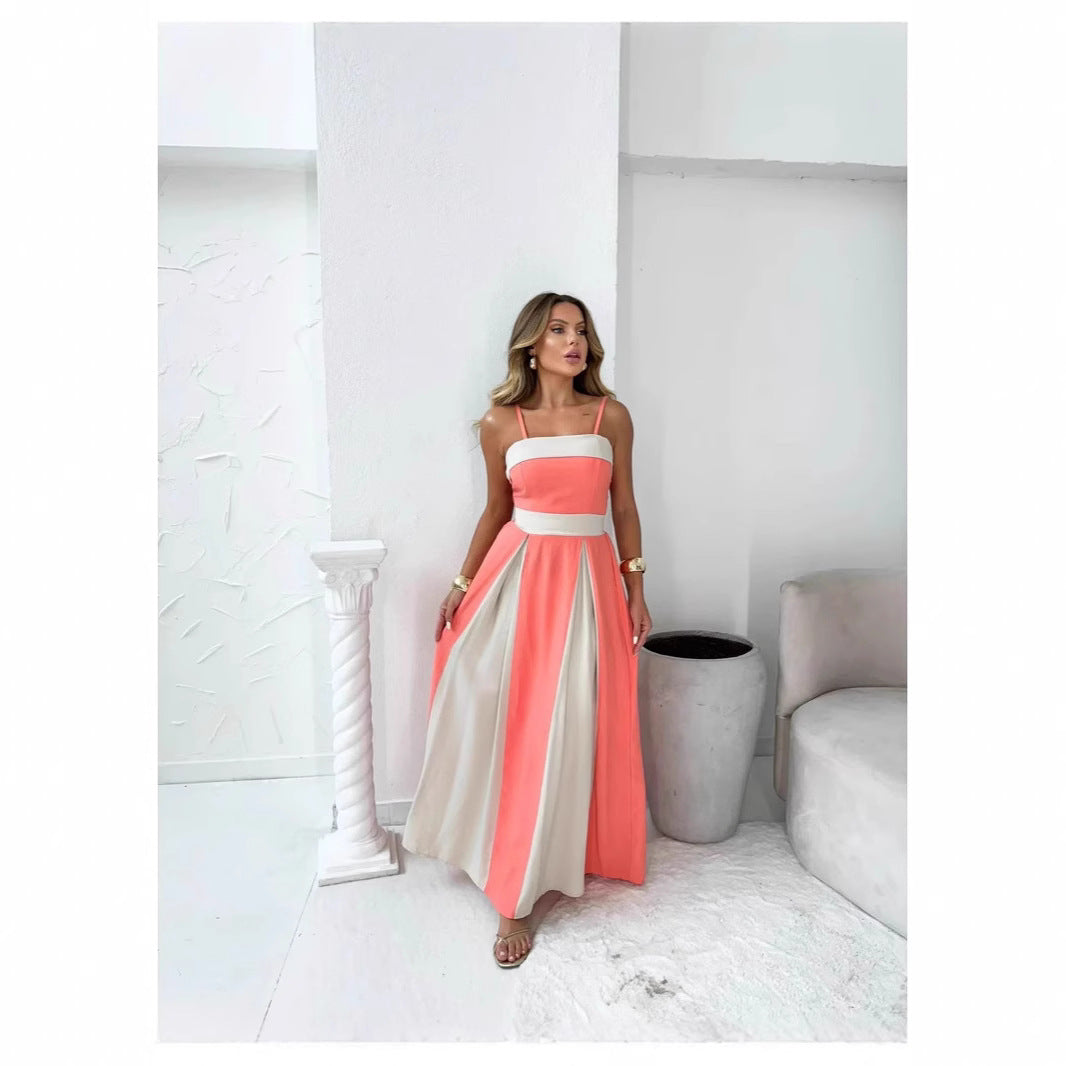 MADELEINE | Maxi Jurk met Crèmekleurige Accenten – Zomerse Elegantie met Spaghettibandjes