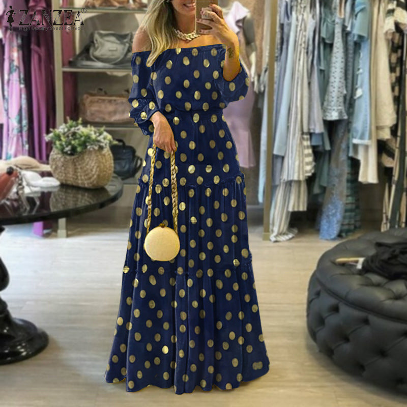 JORIEN | Off-Shoulder Maxi Jurk met Gouden Stippen – Elegant en Comfortabel