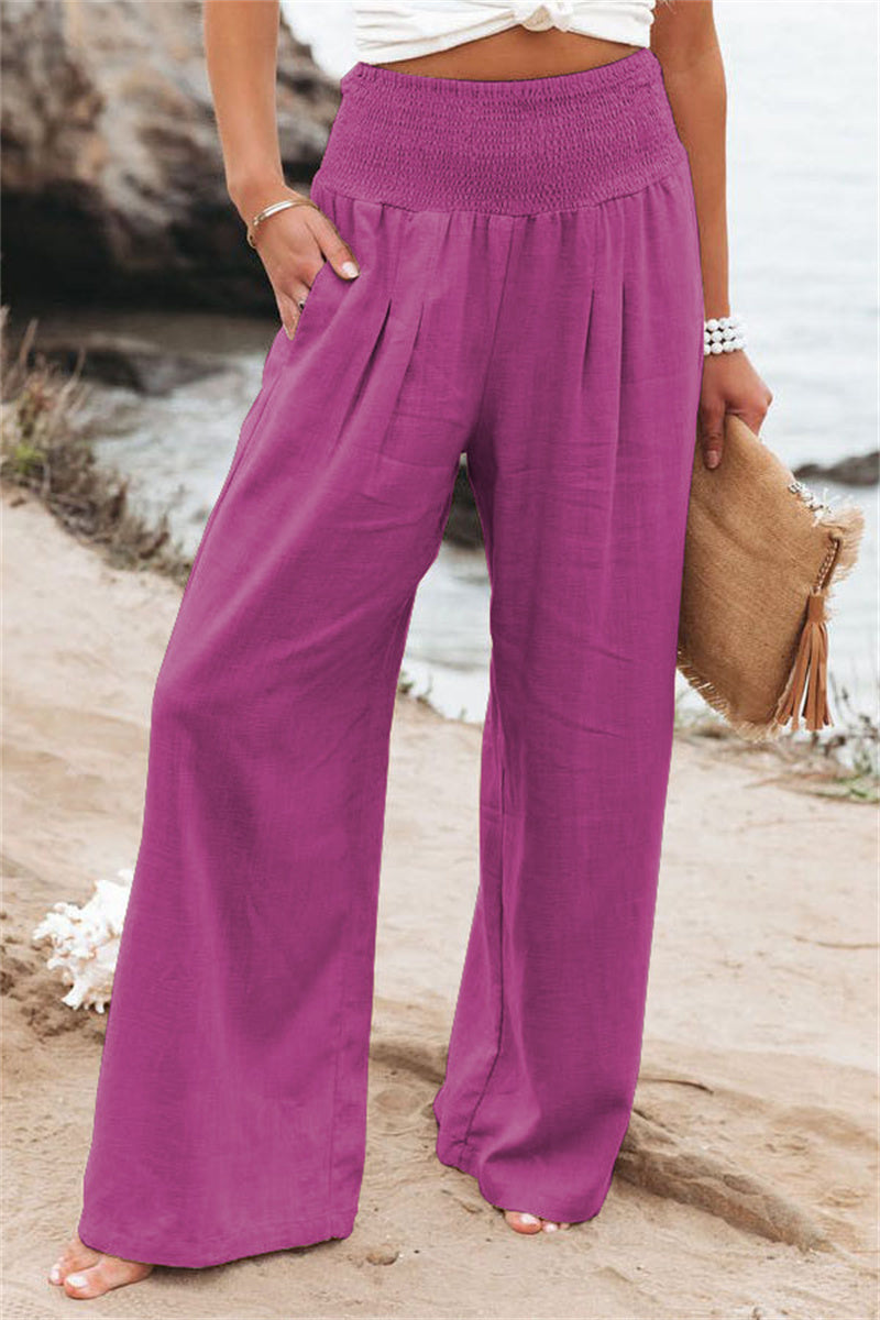 LEONORE | Linnen Look Wide Leg Broek Dames – Hoge Taille Zomerbroek met Elastische Band