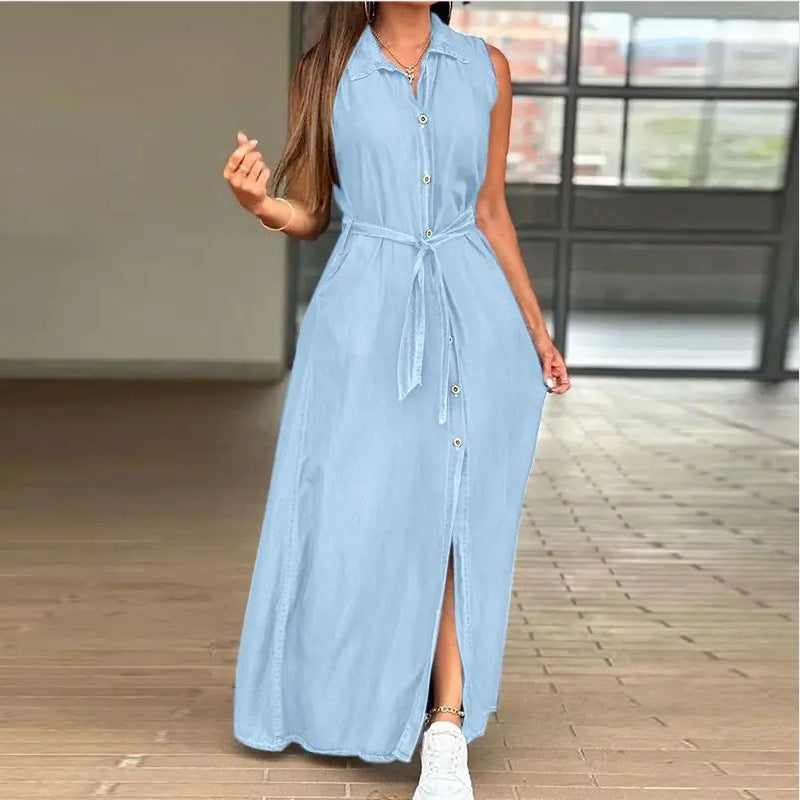 NICKY | Maxi Spijkerjurk Dames met Knoopsluiting en Ceintuur – Elegante Lange Denim Jurk