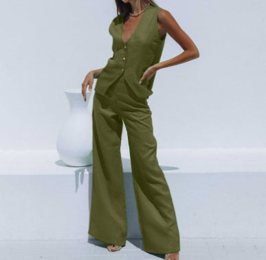 HAILEY | Two-Piece Set – Mouwloos Gilet & Wide-Leg Broek voor een Statement Zomerlook