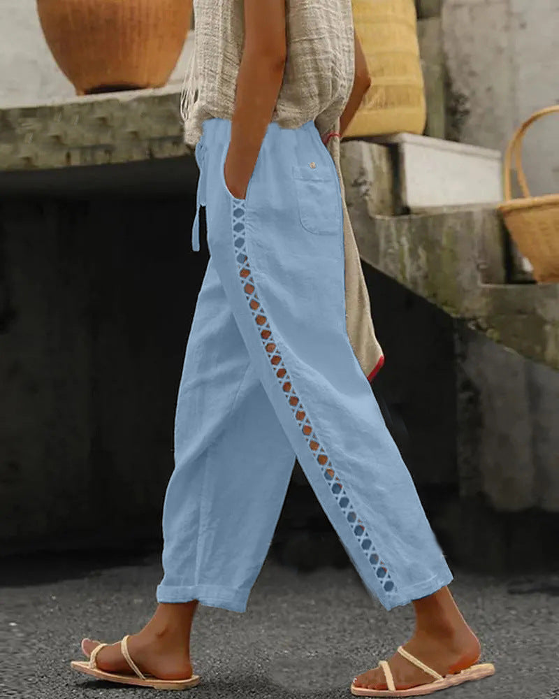 PAULINE | Linnen Broek Dames met Gehaakt Detail – Bohemian Zomerbroek met Kant