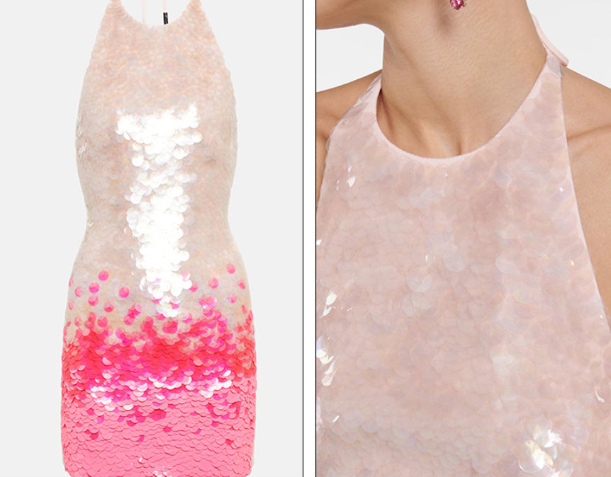 JUUL | Mini Halterjurk met Roze Ombre Pailletten – Party Ready & Glamorous